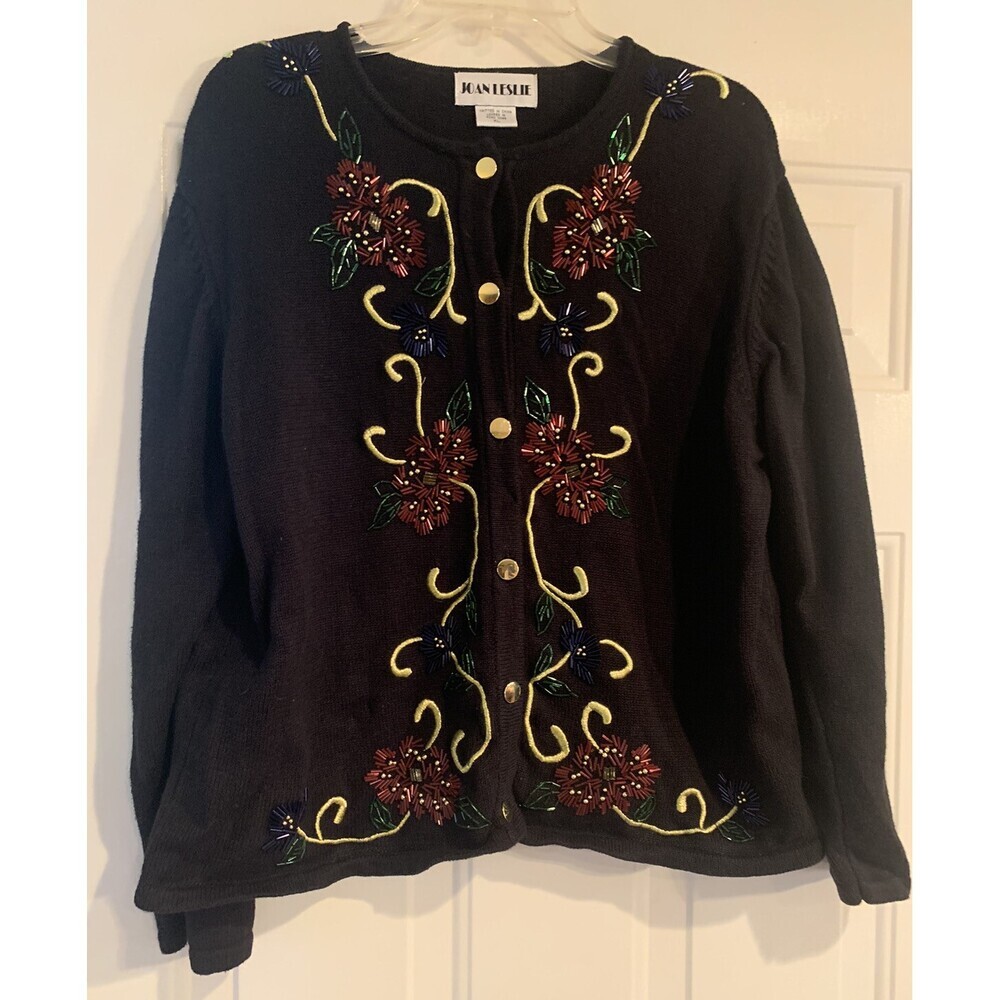Joan Leslie Women’s Black Beaded Shiny Cardigan Size XL